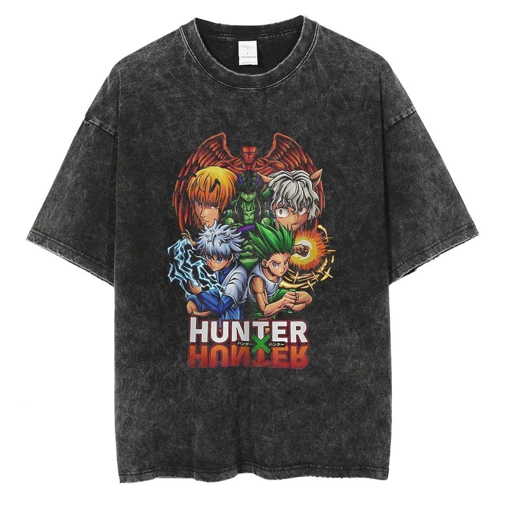 Hunter x Hunter Main Characters Group Print Vintage Washed Oversized Anime Streetwear Women And Men T-Shirt L