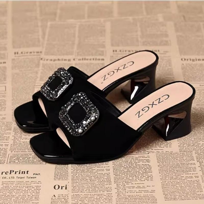 

High-heeled slippers women s summer wear non-slip soft-soled one-word slippers square head thick-heeled sandals medium-heeled open-toed sandals 34 чёрный
