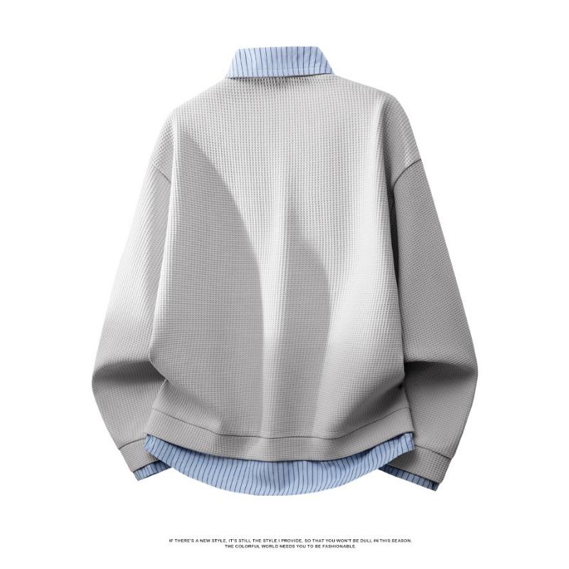 Men's Waffle Knit Fake Two-Piece Casual Fashion  Polo Sweatshirt
