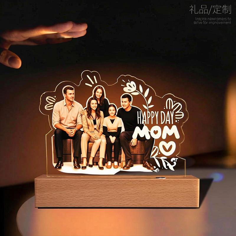 Photo Acrylic Night Light Custom Picture LED Lamp with Wooden Base for Mother's Day Father's Day Birthday Gifts Home Decor