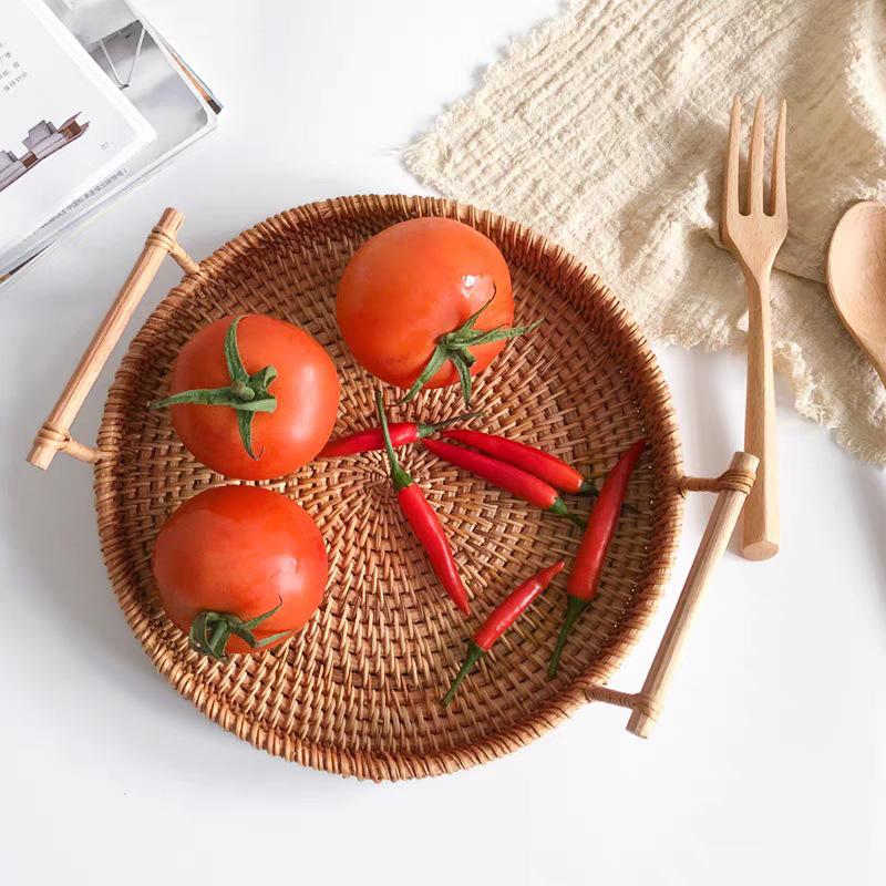 Vietnamese Rattan Handwoven Multi-Functional Storage Basket with Handles and Round Tray Design