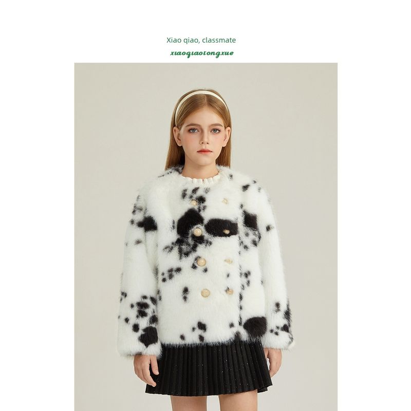 Children's Faux Fur Coat Winter New Style Girls' Faux Fox Fur Cardigan for Older Kids Cow Print Korean Style Faux Mink Fur Top