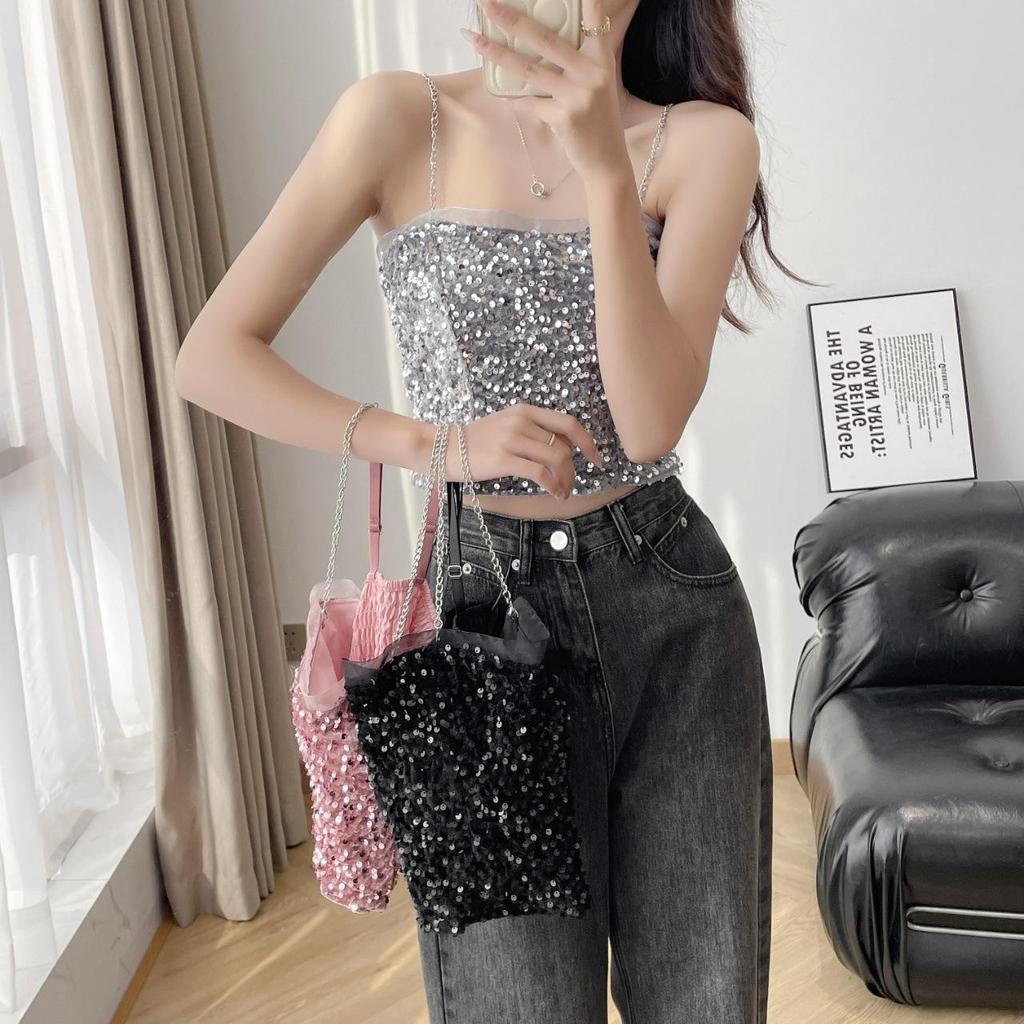Sexy kovové retiazkové tielko Jednofarebné flitrované halterové crop topy Dámske letné tielka Bezchrbtové tielko Módne ležérne rúrkové Dámska bez rukávov skrátená vesta Y2K