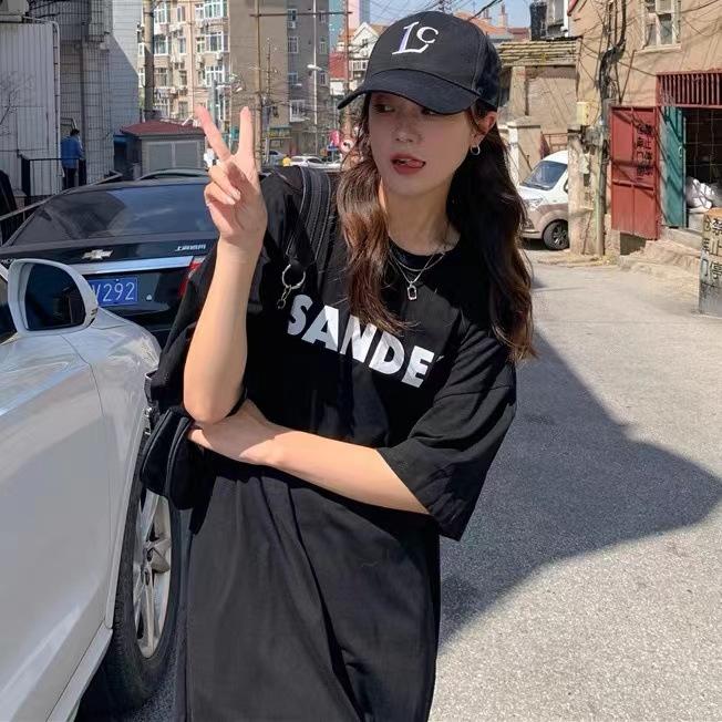 ins Korean short-sleeved dress women's summer new large size loose lazy style medium and long knee split t-shirt skirt