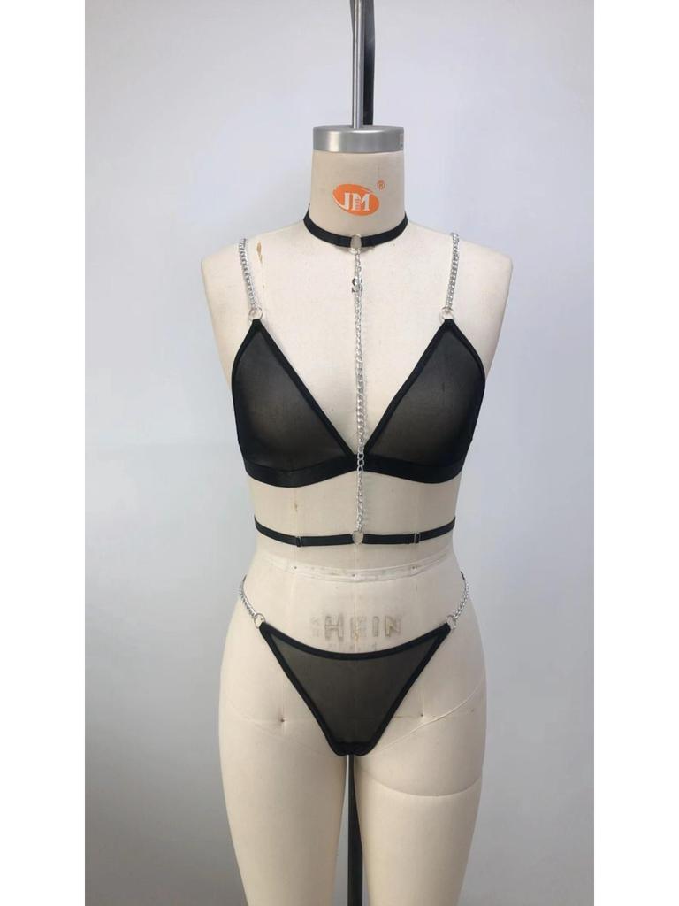 Wire-Free Mesh See-Through Metal Chain Erotic Lingerie Three-Piece Set