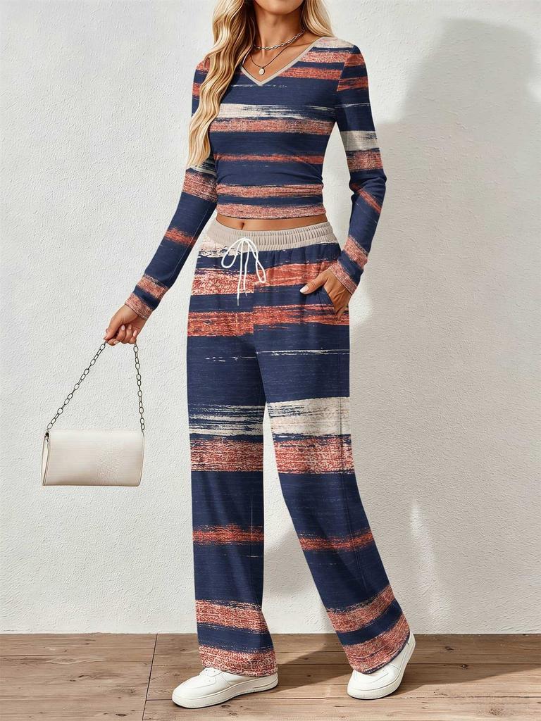 Spring and Autumn Ladies V-Neck Long Sleeve Pants Set Comfortable Casual Versatile Slim Two-piece Set