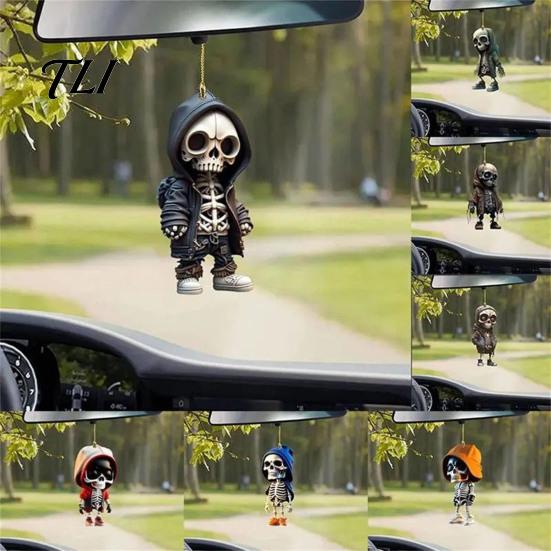 Trendy Hoodie Skeleton Ornament 2Pcs Ornaments, 2D Flat Acrylic Pendants, Gothic Lightweight Car Decor Style Hanging Ornaments for