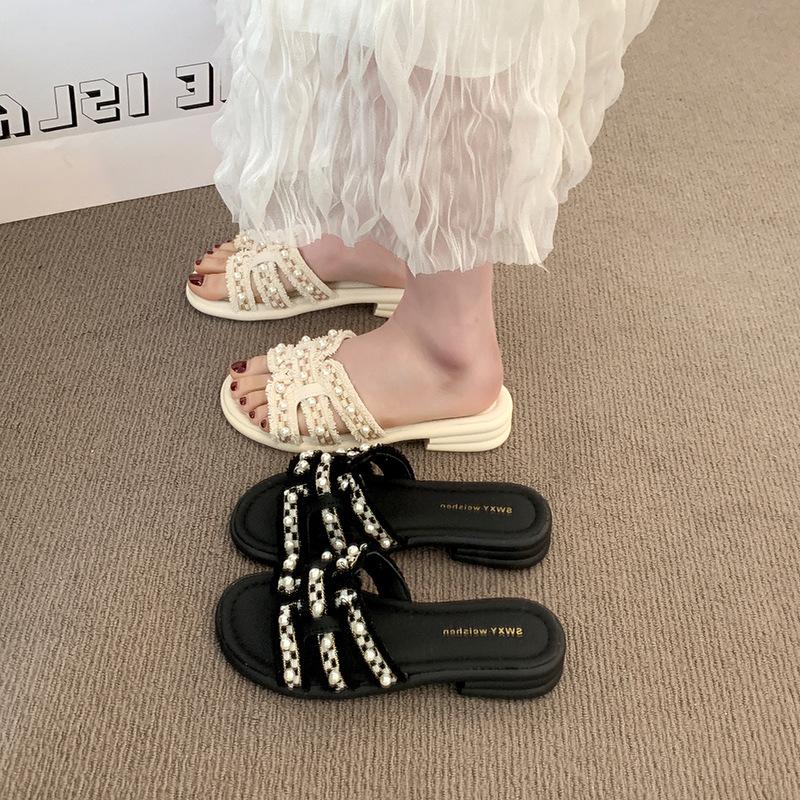 Xiaoxiangfeng low-heeled elegant cool slippers women's fashion outer slippers 2025 summer new non-slip beach shoes spot