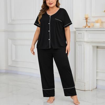 Damen Übergröße Lockeres Kurzarm-Langhosen-Zweiteiler-Pyjamaset Loungewear
