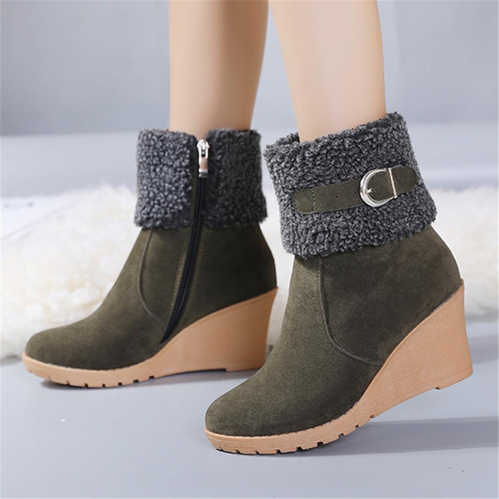 Fashion Winter Boots Women Fur Warm Snow Boots Ladies Side Zip Wedges Flock Booties Ankle Boots Comfortable Shoes Casual Female Boots