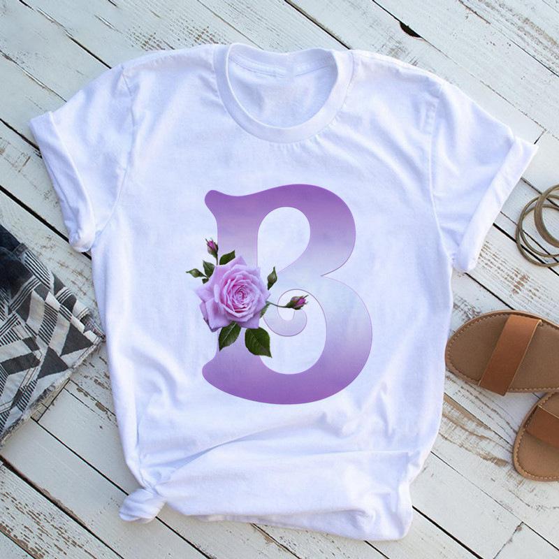 New English Name Rose Monogram Printed Tshirt Flower Short Sleeve Top Tshirt Women Clothing Graphic T Shirts Tops Aesthetic