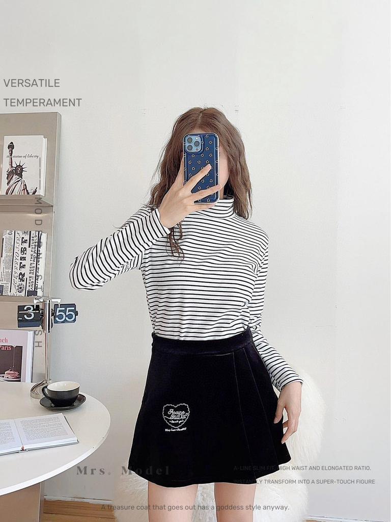 Women's Striped Velvet Mid-Neck Pullover - Autumn/Winter Warm Slim-Fit Long Sleeve Shirt