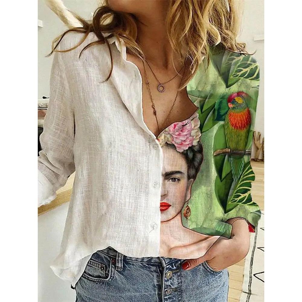 Fashion Stitching Retro Face Print Long Sleeve Blouse Women Lapel Button Casual Top Lady Shirts