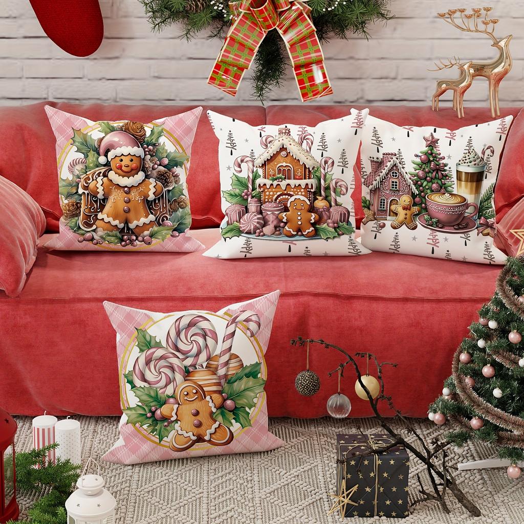 Christmas Themed Pillowcases: Gingerbread, Candy Canes, and Cozy Holiday Scenes Sofa Room Cushion Cover Home Decoration Gift