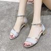 2025 Heels Casual Shoes Women's Open Toe Summer Gold Shoes Square Female Ankle Strap Low Heels Footwear
