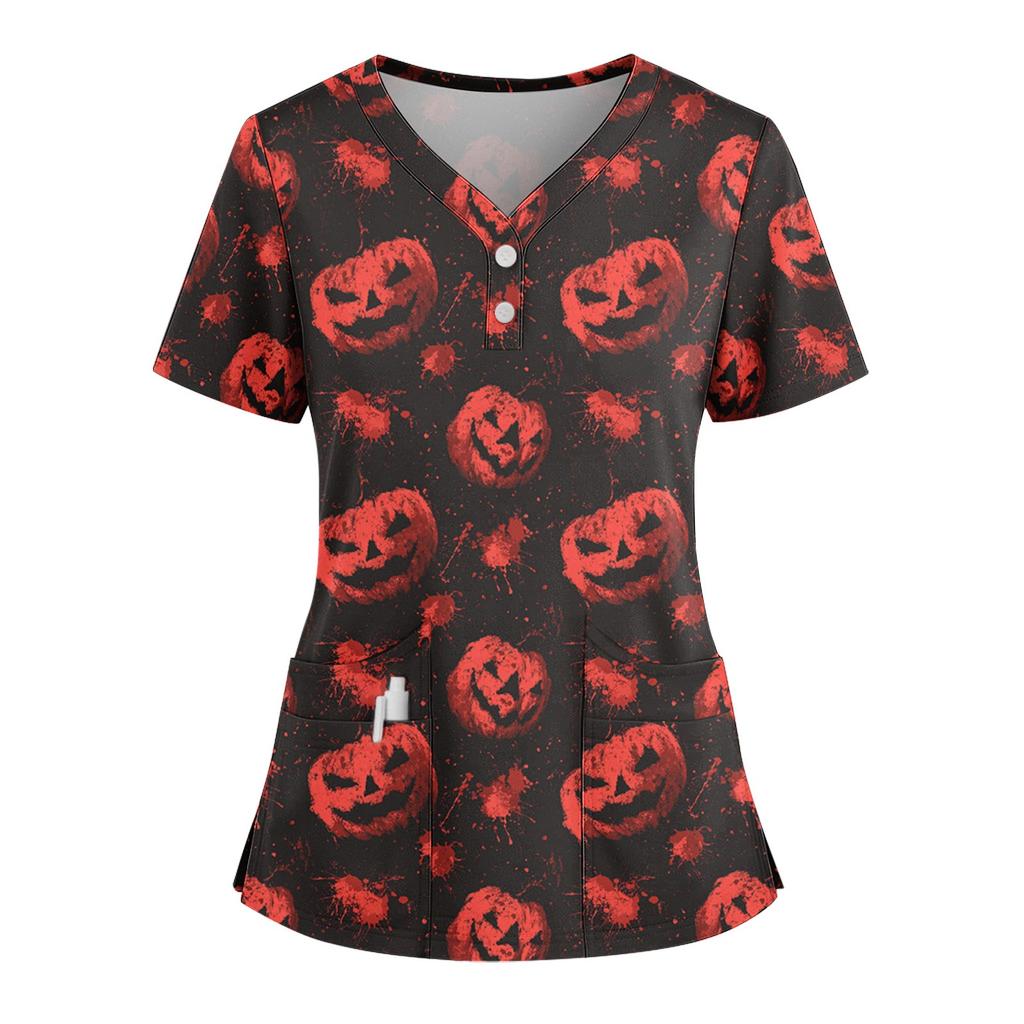 Dámské volné tričko s krátkým rukávem, módním halloweenským potiskem, výstřihem do V, zapínáním na knoflíky a bočním rozparkem