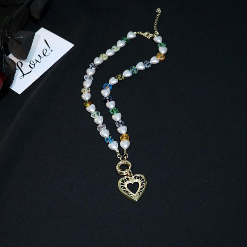 Tooxika Skeleton Love Heart Pearl Lurex Small Flower Necklace Niche Beading Personality Temperament Collarbone Chain