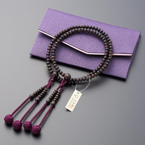 Buddhist Altar Shop Takita Shoten Shingon Buddhist Prayer Beads for Women, Striped Ebony (Matte Polished), 8 inches, with Silk Flower Brahma Tassel an