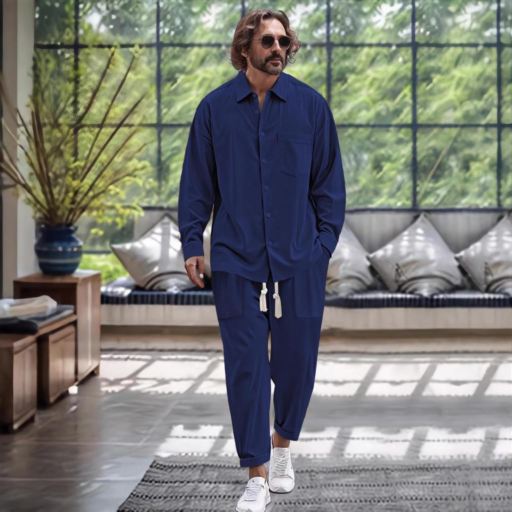 2024 Euro-American Fashion Men's Cotton Linen Shirt & Pants Autumn Sports Casual Set