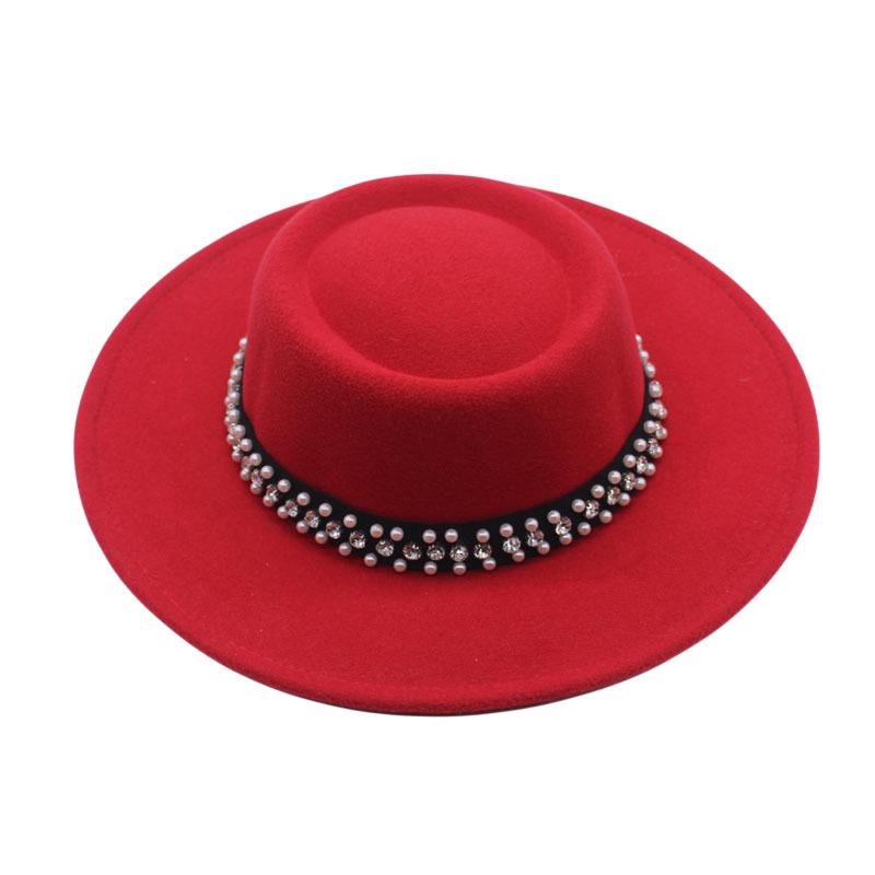 European and American New Autumn and Winter Wool Woolen Big-brimmed Jazz Hat Female Concave Top Black Top Hat Pearl Rhinestone Felt Hat