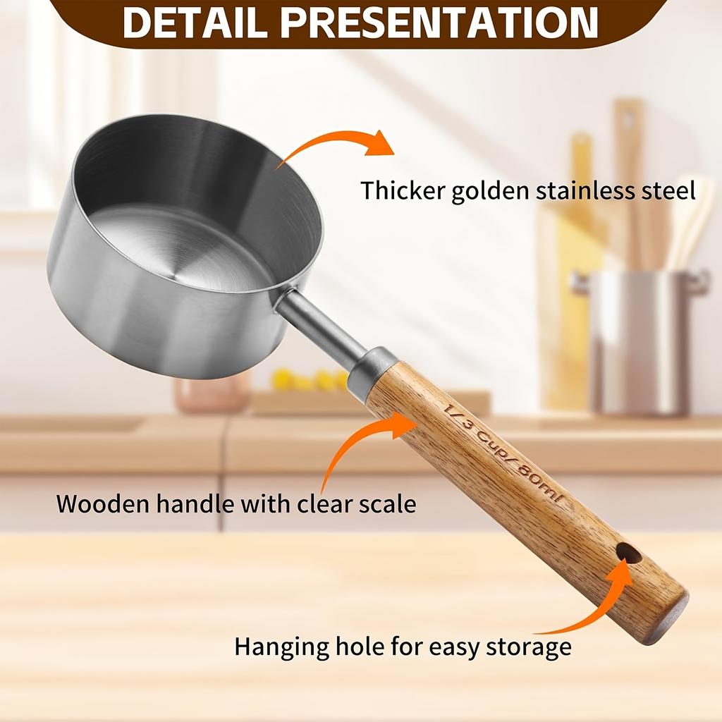 Multiple colors available Stainless steel measuring cup and spoon set with wooden handle Metric and American wooden handles High-quality