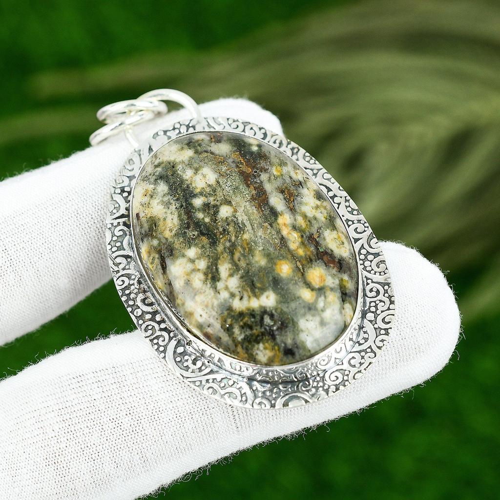 925 Silver Natural Ocean Jasper Birthday Engagement Trendy Bezel Pendant Jewelry