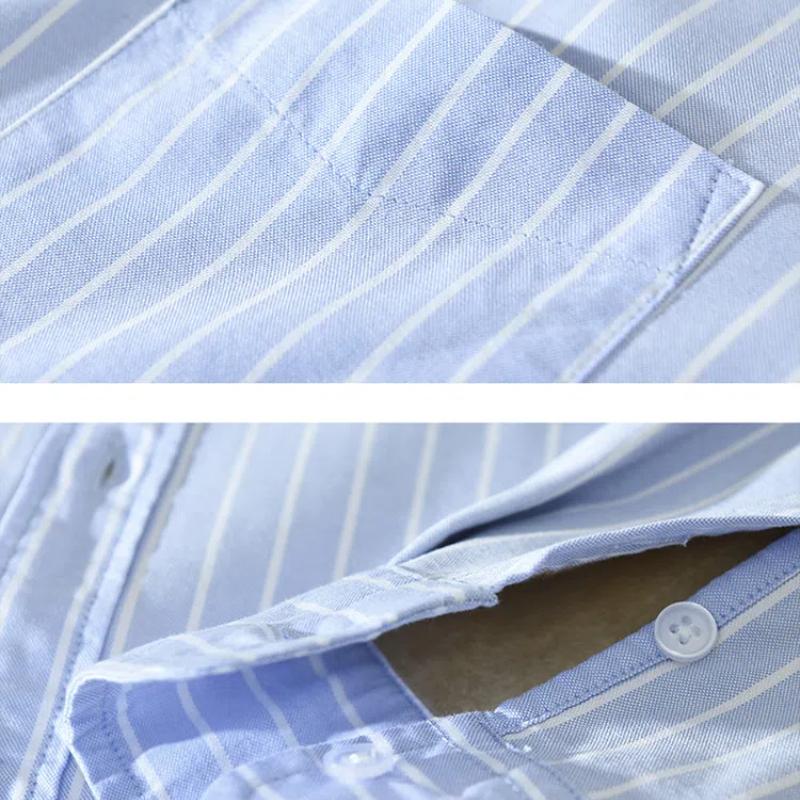 Winter Warm Men Tops Daily Casual Long Sleeve Striped Shirts for Men Pure Cotton Men Clothing Lapel Collar Fleece Shirt with Pocket