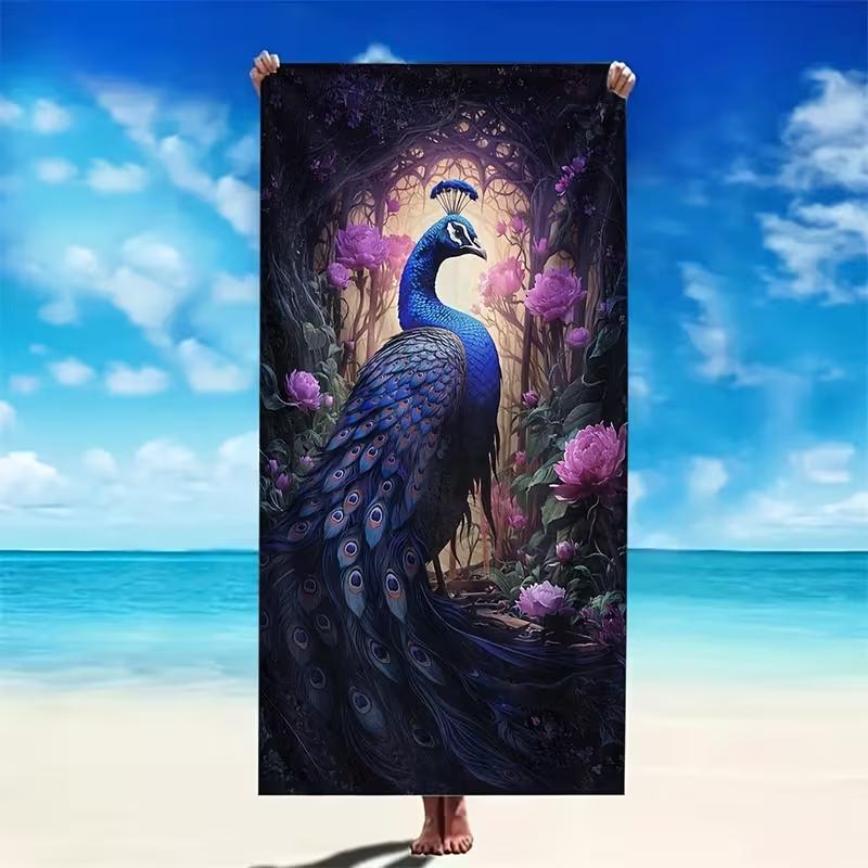 Luxurious Magical Peacock Beach Towel Large Soft Absorbent Towel Vibrant Peacock Glowing Golden Feathers Art Print Towel