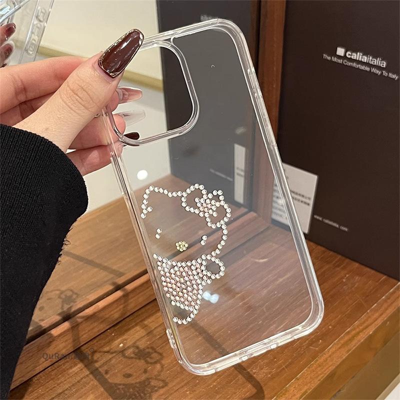 Cute Kt Cat Three-Dimensional Rhinestone Mobile Phone Case For Iphone16Promax Transparent Apple 15 Sweet And Light Luxury 17