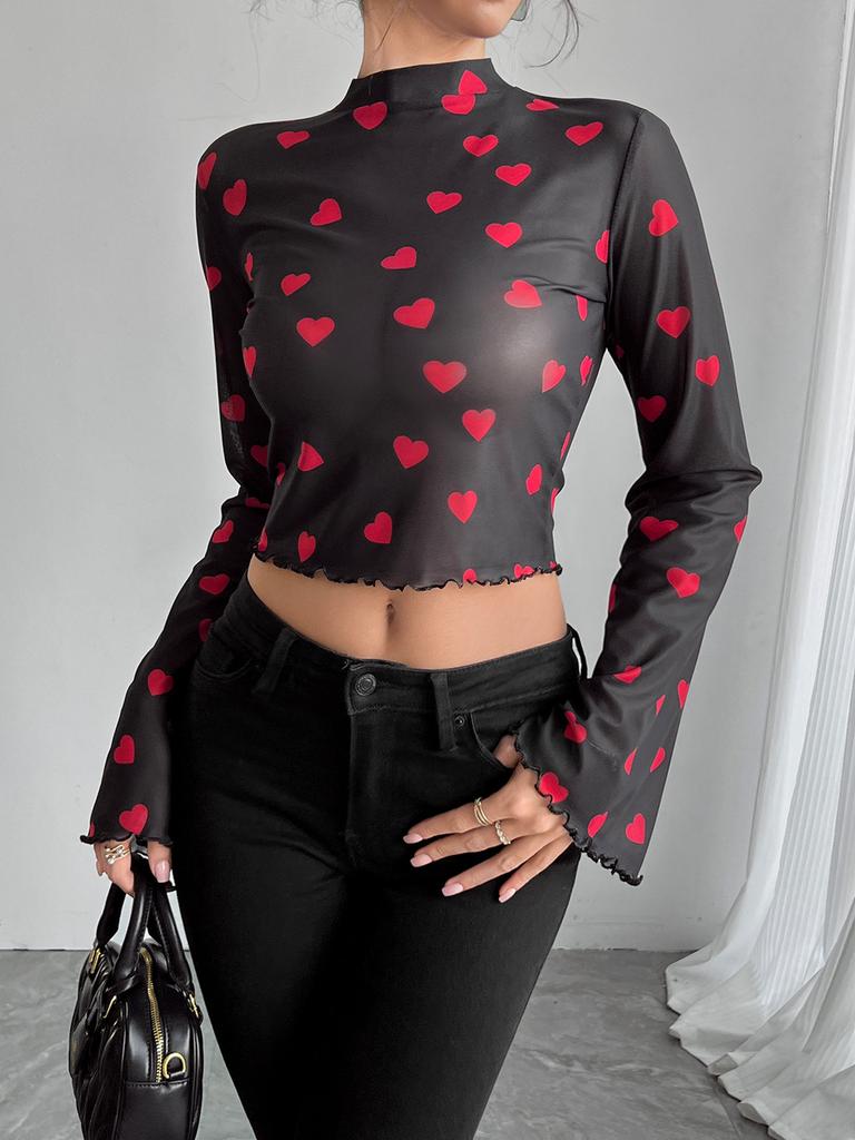 New Women's Chiffon Printed Crew Neck Bell Sleeve Long Sleeve T-Shirt