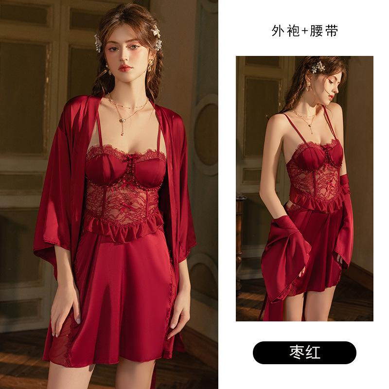 Women's Palace Style Satin Lace Sheer Padded Backless Cami Sleep Dress with Robe Set