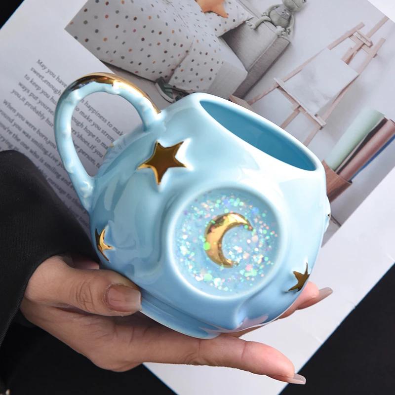 

Ceramic Starry Sky Cup Sparkling Cup with High Appearance Colorful Stars Creative Birthday Gift Mug with Hand Gift Water Cup 301-400ml синий