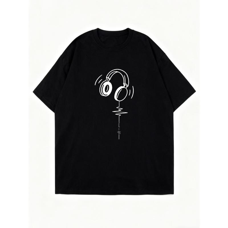 Oversized T Shirt Black Headphones Music Wave Print Casual Wear For Women Streetwear Fashion Summer Outfit Music Lover Style