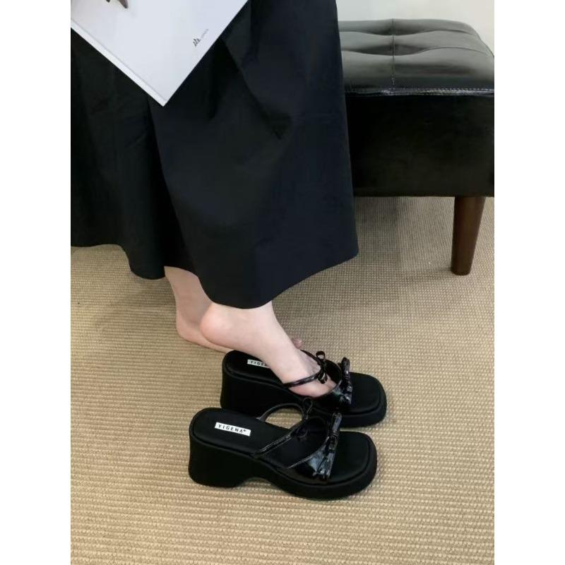 Fashion temperament bow heightened platform slippers women s summer wear new black with skirt sandals 35