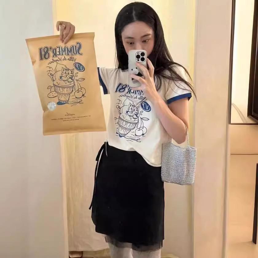 Qiqi 2024 Spring/Summer Color Block Ice Cream Kitten Print Short Sleeve T-Shirt