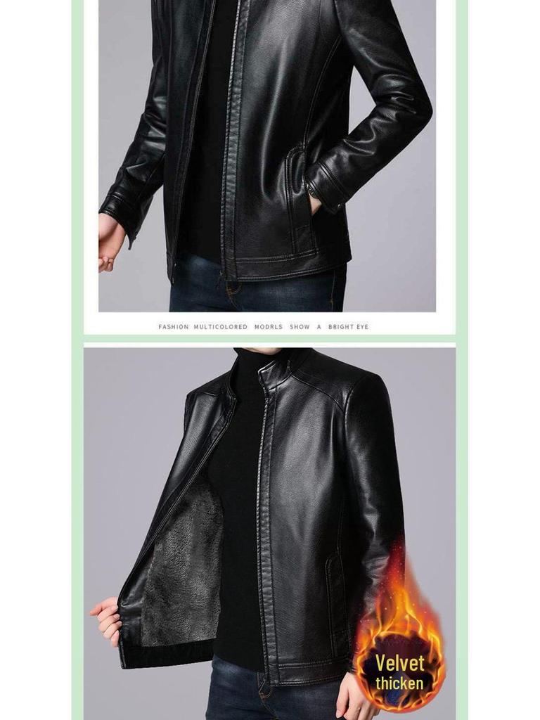 Men's Leather Jacket for Mid-Aged & Elderly: Fleece-Lined, Thickened, Windproof, Detachable Fur Collar, Winter Warmth for Dad.