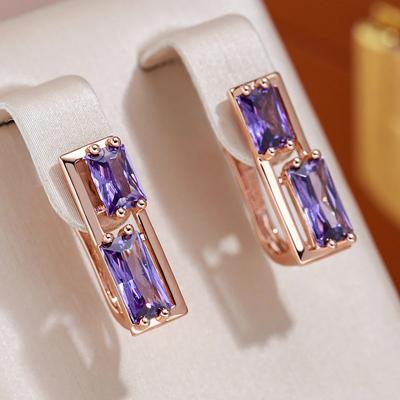 Vintage Purple Zircon Square Earrings for Women Ethnic Gold Color Fashion Party Wedding Jewelry