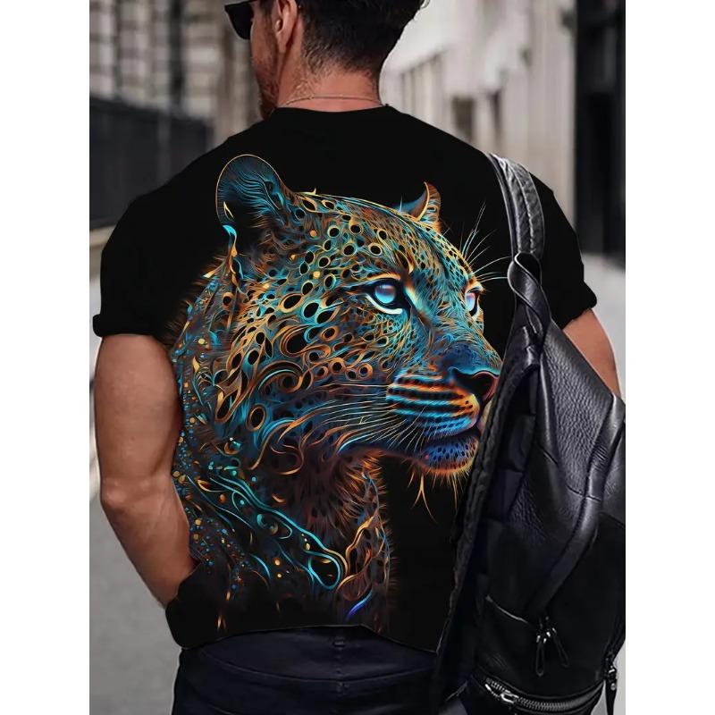 Men's Leopard Print T-shirt Sports Short Sleeved Crew Neck T-shirt for Summer Outdoor Fitness Workout Men's Clothing