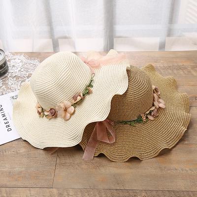 Women Sun Hat Big Wide Brim Beach Handmade Floral Summer Straw Sun Cap