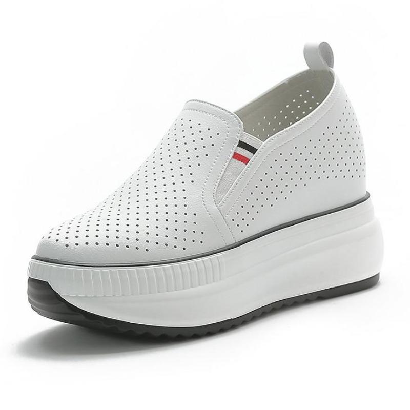 Fashion 8CM Genuine Leather Women white Shoes Platform Sneakers Wedge Comfy Leather Breathable Hollow Women Spring Summer Shoes 34 40