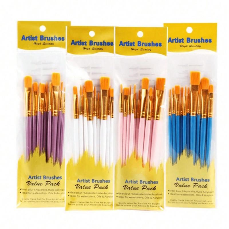 10pcs 2025 New Plastic Handle 10 Pieces Painting Brush Set, Hand Painting, Art Brushes Set / Slight Glue Overflow Is Inevitable