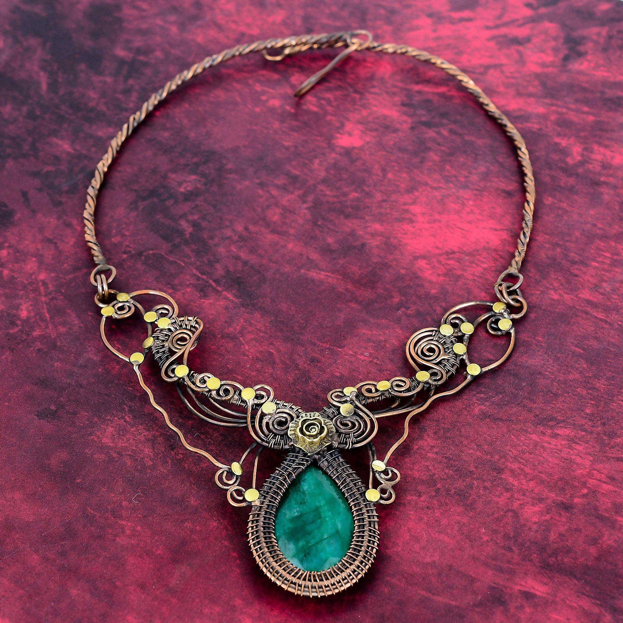Faceted Zambian Emerald Gemstone Necklace Copper Wire Wrapped Adjustable Necklace Adjustable