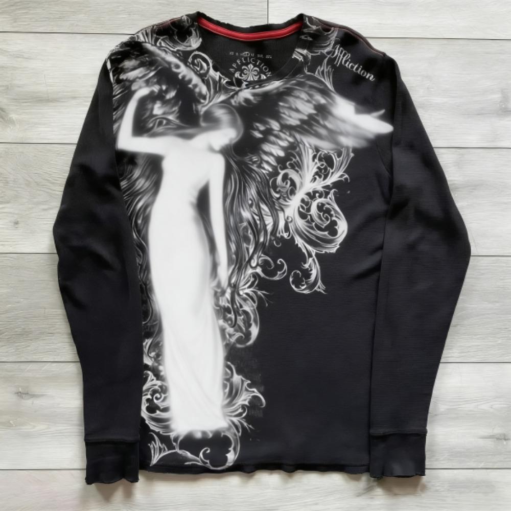 

Spring European Style Gothic Printing Long Sleeved T-shirt Fashion Round Neck Oversized T-shirt Men Casual Tops Women Streetwear S