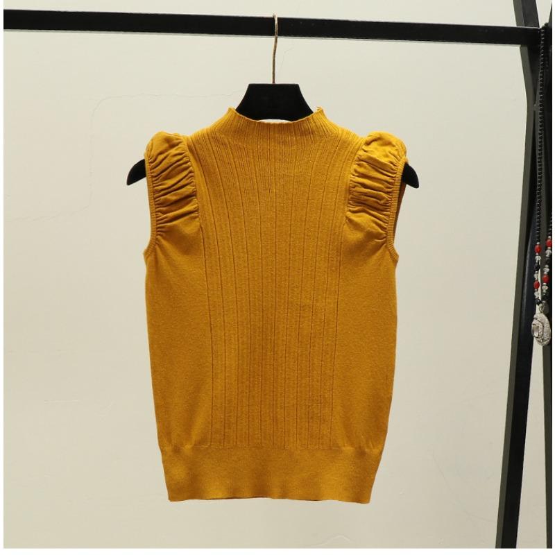 Summer New Simple Solid Color Semi-turtleneck Pleated Pullover Sweater Women Wear Sleeveless Vest Top