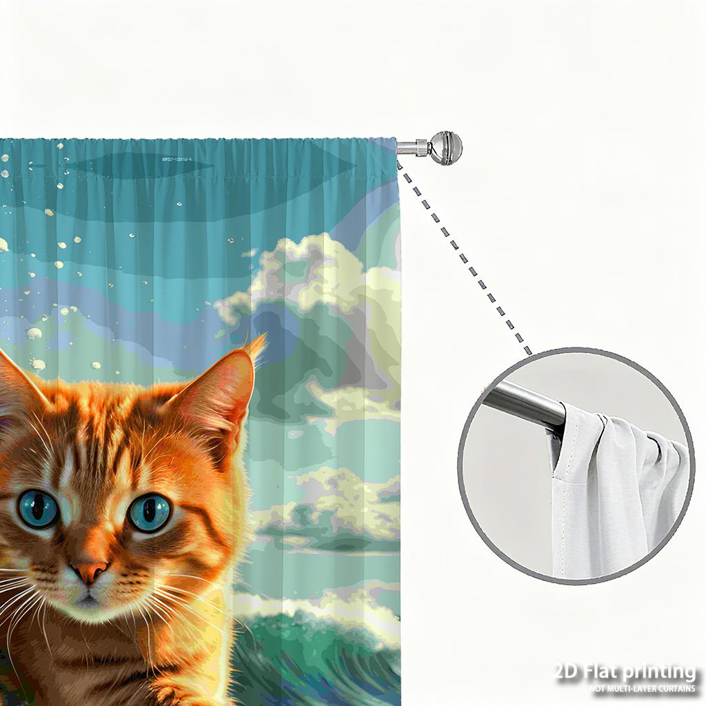 Piece Set High Definition Digital Printed Curtainsorange Tabby Cat Surfing Wave Colorful Vibrant Dynamichome Decoration Curtain Polyester
