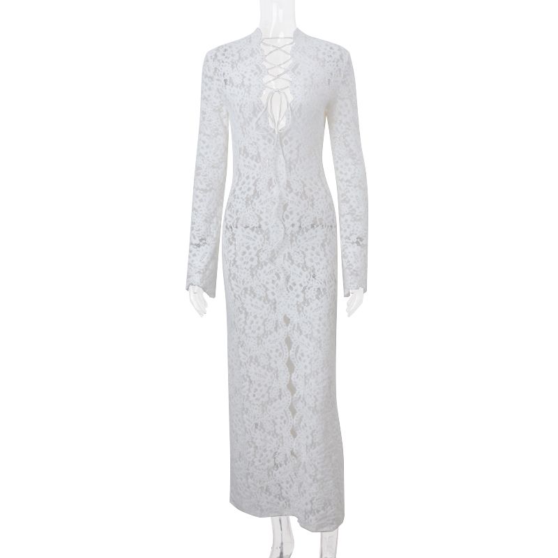 

French Pure Desire Dignified Hollow Lace up Lace Long Sleeves Dress Women s Summer Waist-Tight Slim Looking Sexy Split Maxi Dress White S