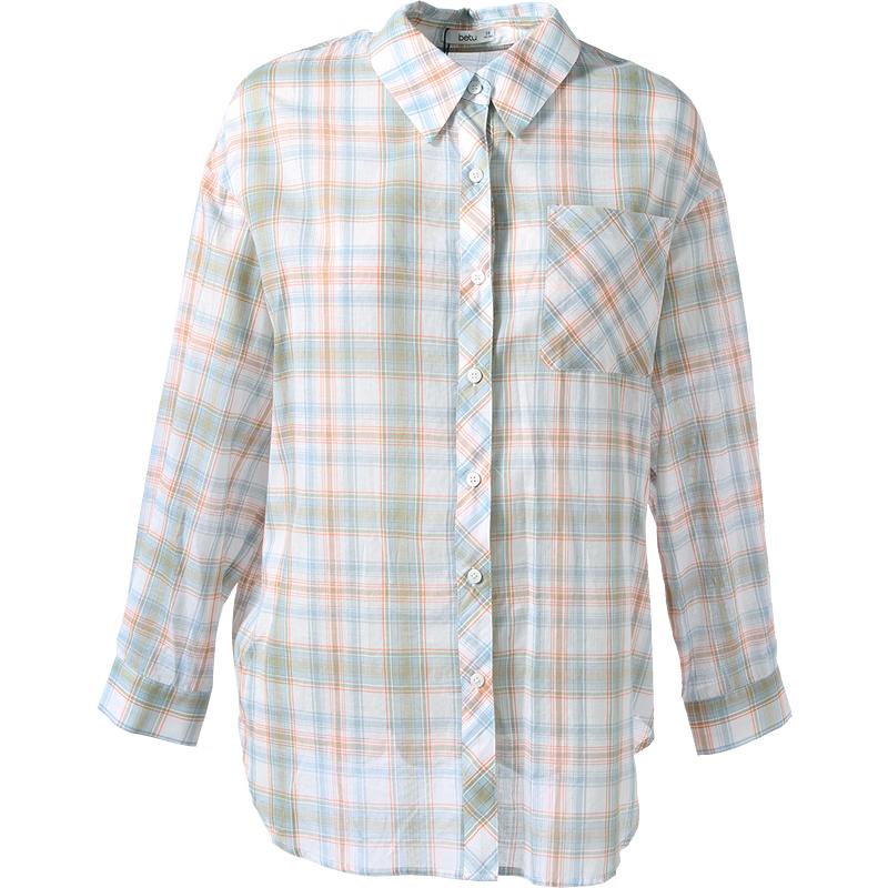 Betu Women s Plaid Cotton Loose Fit Long Sleeve Shirt S