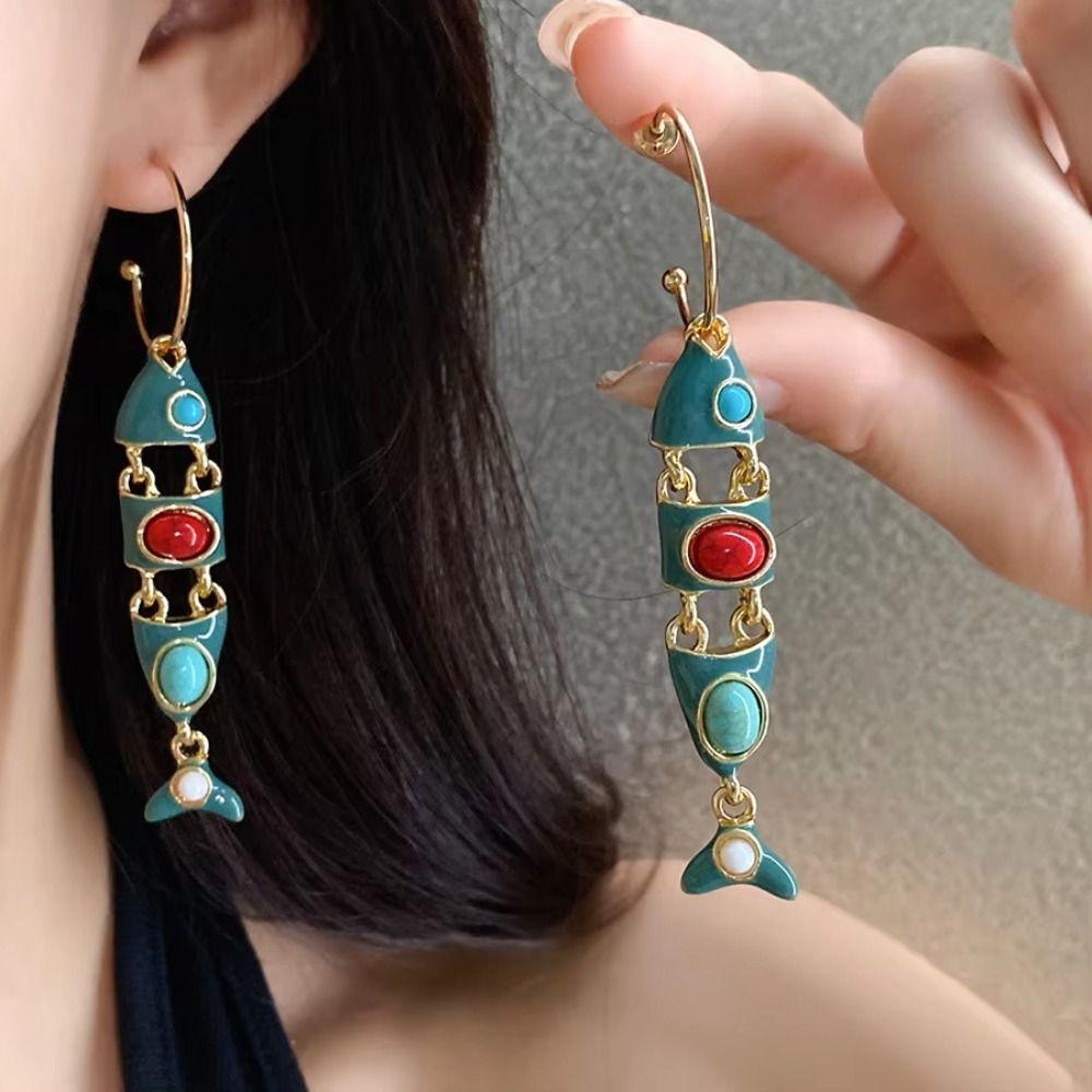 Vintage Ethnic Style Earrings Exaggerate Enamel Dangle Earrings Funny Little Fish Earrings  Lady