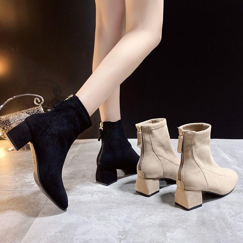 French Chic Slim Square Toe Ankle Boots: Autumn/Winter Stretch with Chunky High Heel