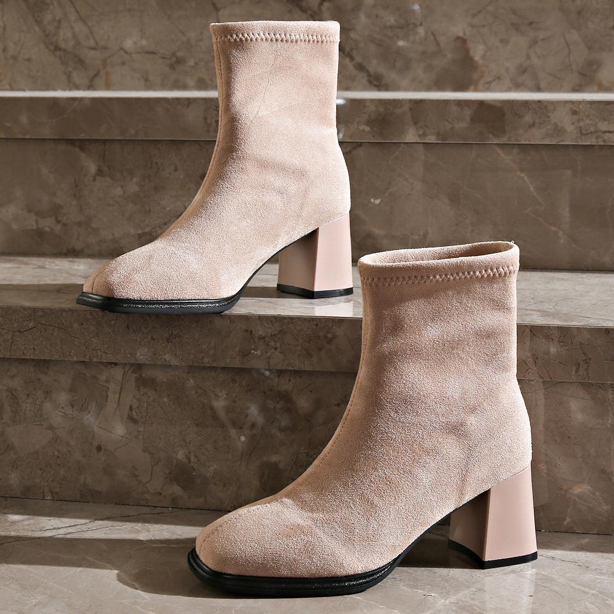 

Женские зимние сапоги на высоком каблуке, модные замшевые туфли с квадратным носком, женская зимняя обувь 2025 года, элегантные туфли-лодочки Botas Mujer 42 абрикосовый